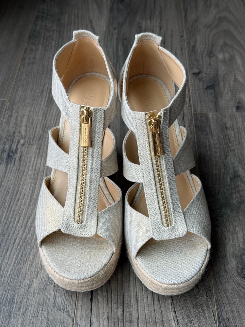 Michael Kors Damita Espadrille Wedge Sandals with Gold Zipper - Linen Look - 8 - Picture 5 of 13